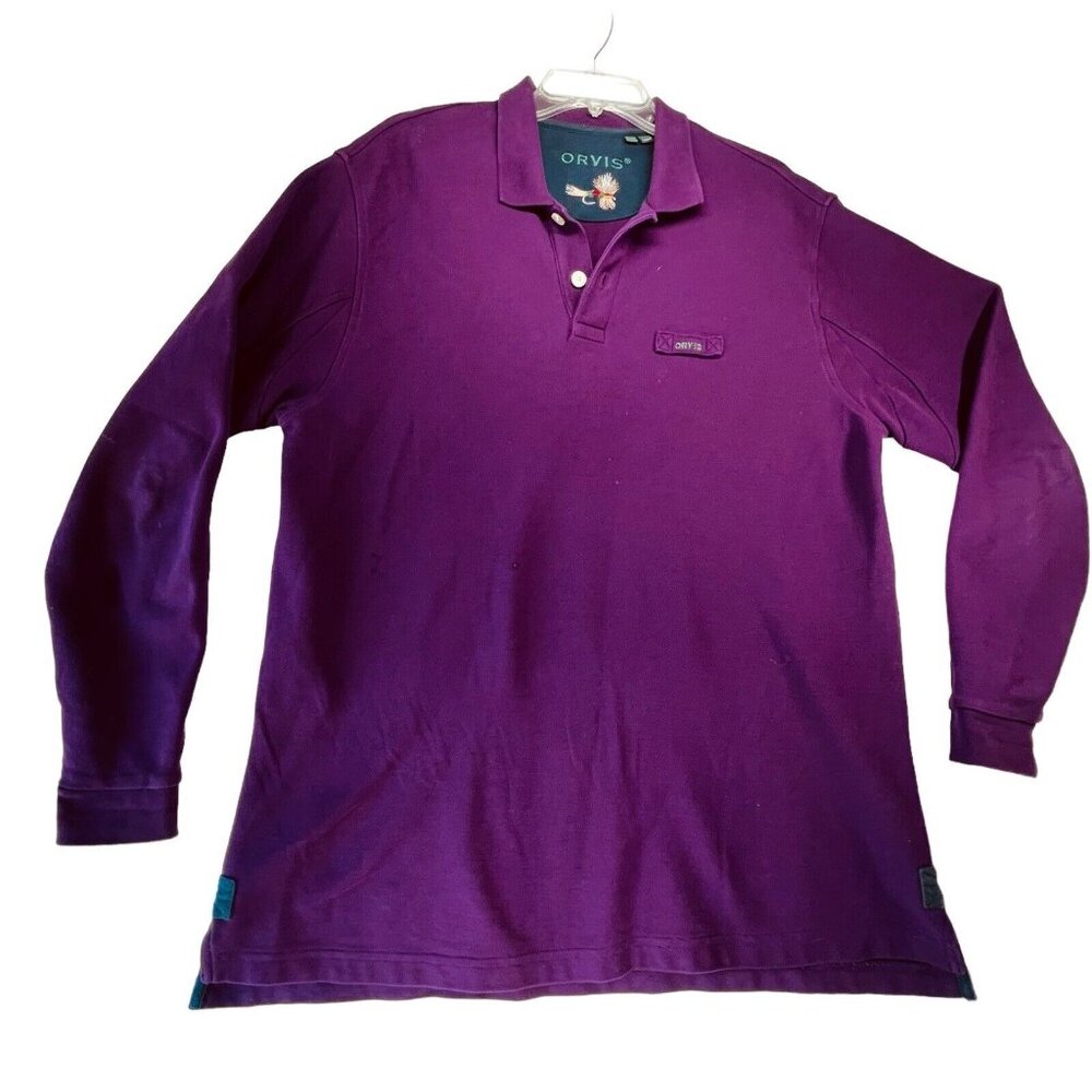 ORVIS Shirt Mens Medium Polo Henley Purple Long Sleeve Textured Knit Fishing
